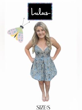 Lulu's Blue Floral Metallic Jacquard V-Neck Mini Dress